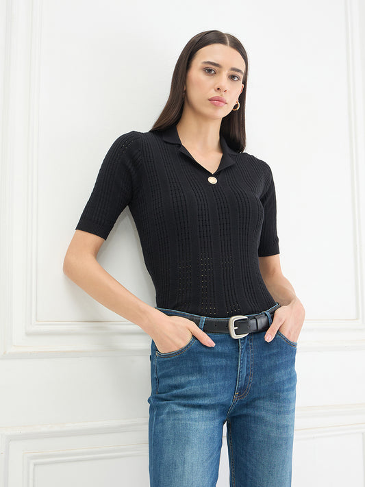 Elle Women Black Solid Relaxed Fit Pure Cotton Top