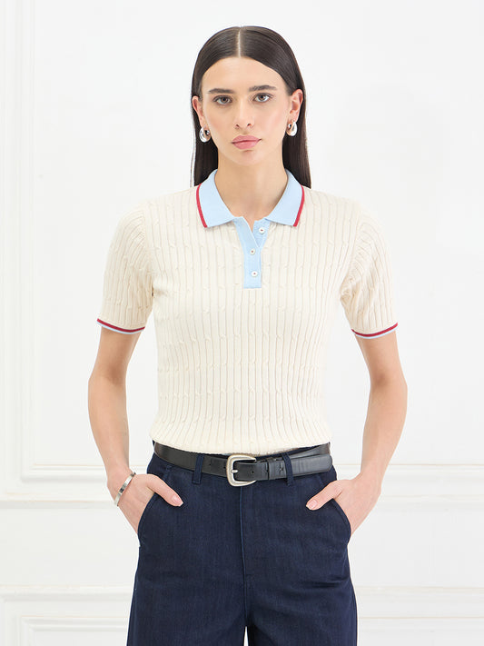 Elle Women Cream Striped Relaxed Fit Pure Cotton Polo T-Shirt