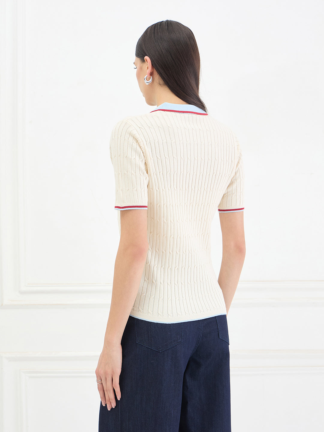 Elle Women Cream Striped Relaxed Fit Pure Cotton Polo T-Shirt