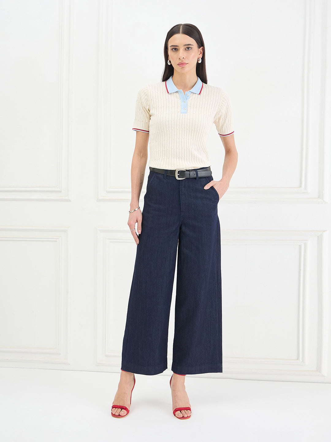 Elle Women Cream Striped Relaxed Fit Pure Cotton Polo T-Shirt