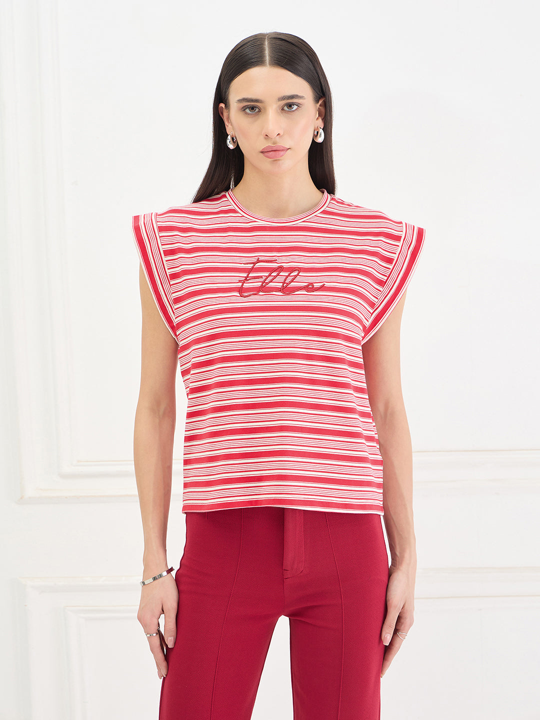 Elle Women Red Striped Relaxed Fit T-Shirt