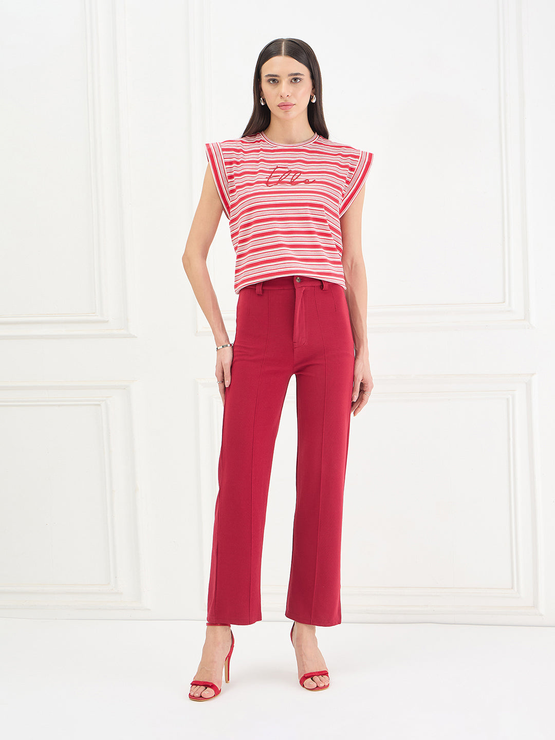 Elle Women Red Striped Relaxed Fit T-Shirt