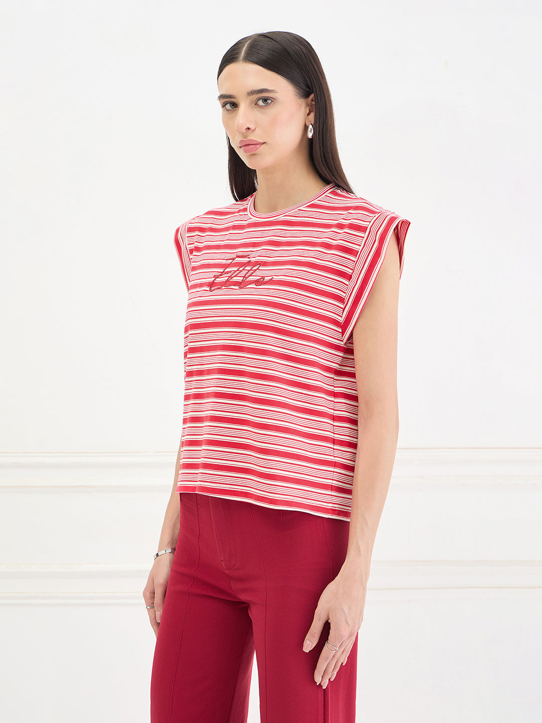 Elle Women Red Striped Relaxed Fit T-Shirt