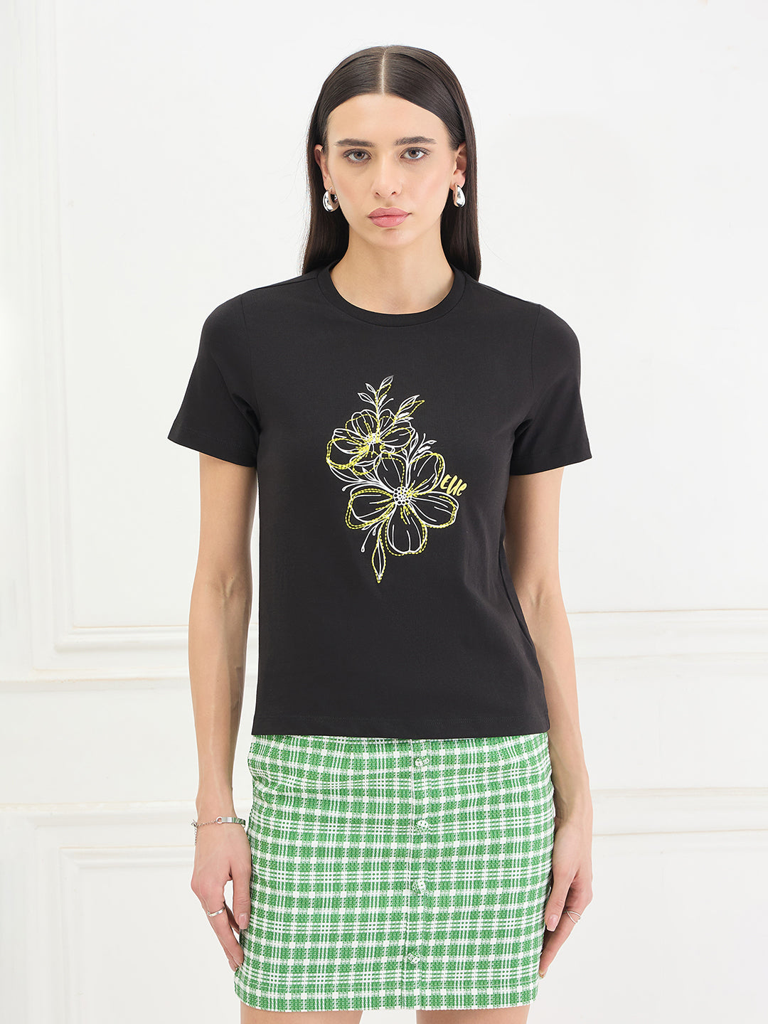 Elle Women Cotton Black Floral T-Shirt