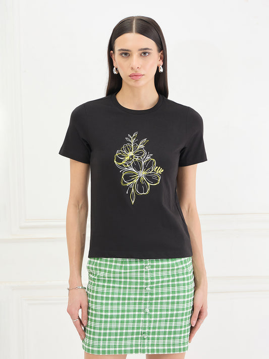 Elle Women Cotton Black Floral T-Shirt