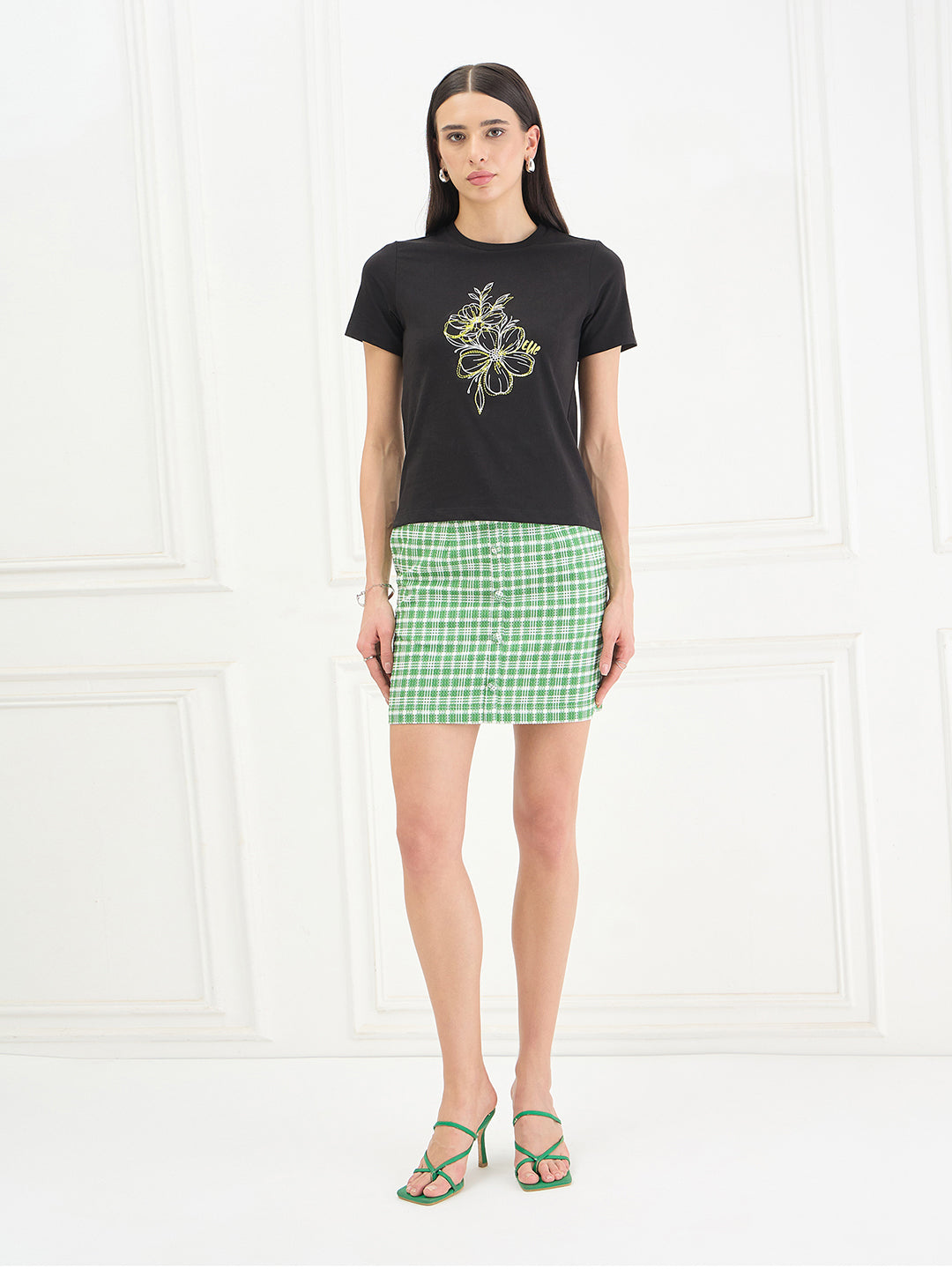 Elle Women Cotton Black Floral T-Shirt