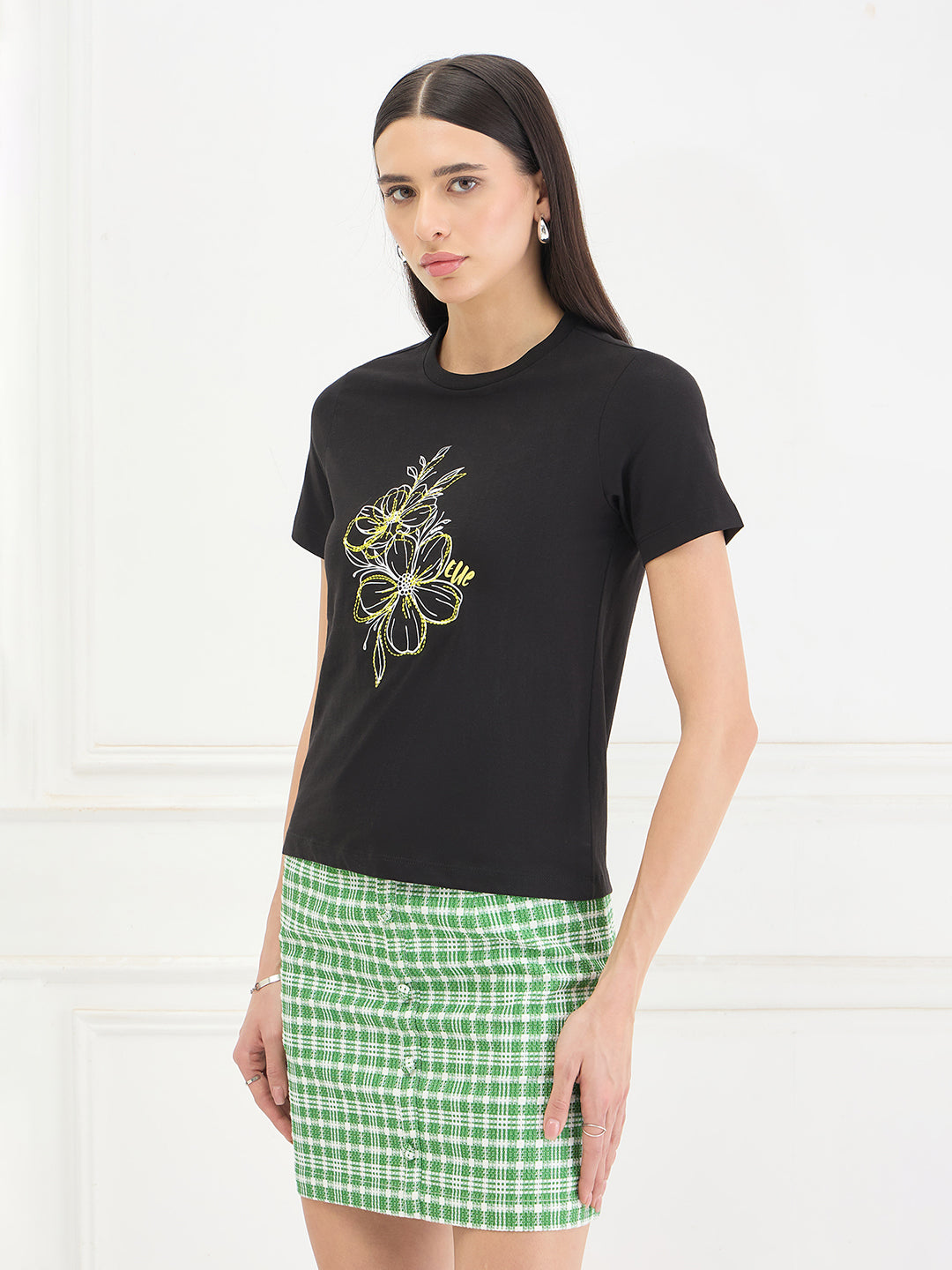 Elle Women Black Printed Relaxed Fit Pure Cotton T-Shirt