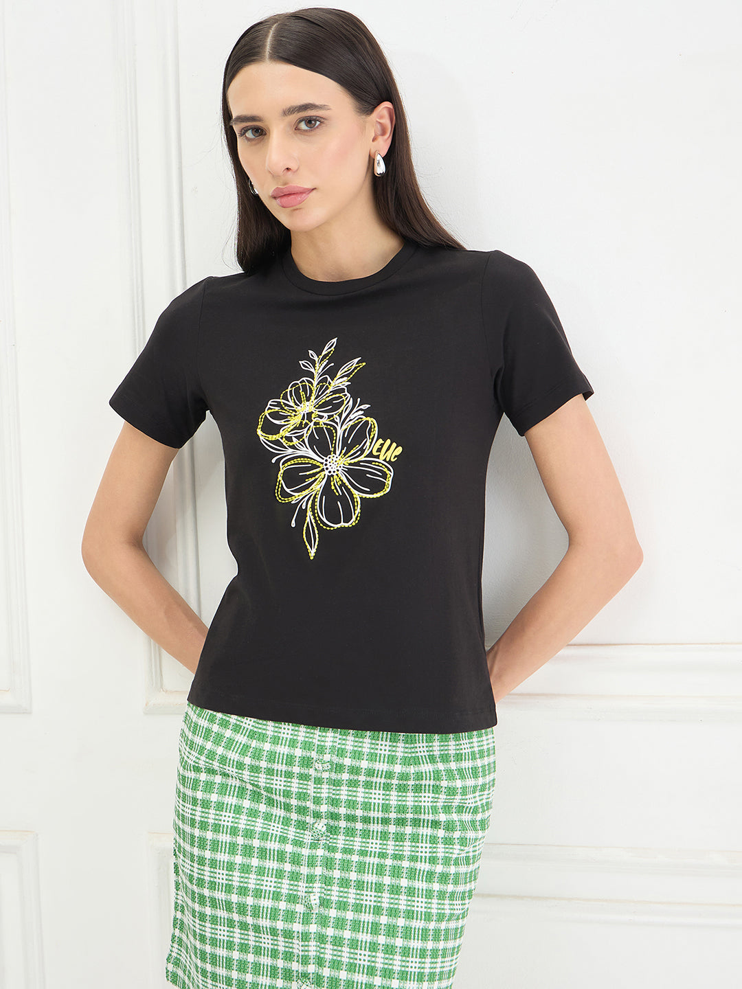 Elle Women Cotton Black Floral T-Shirt