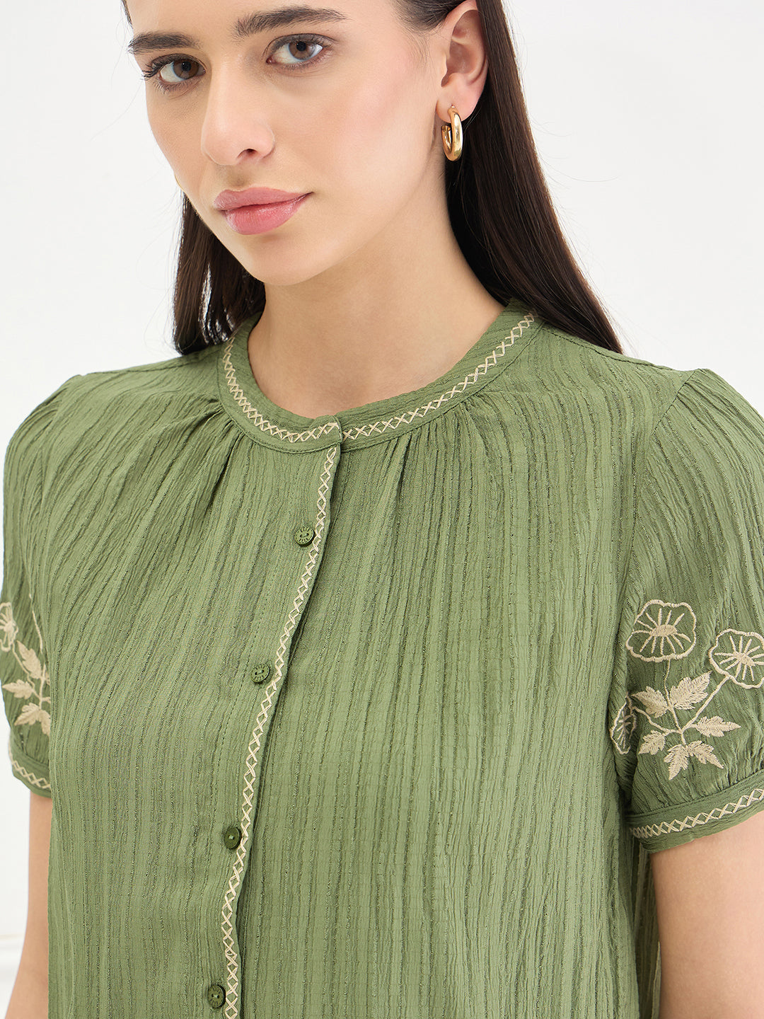 Elle Women GREEN Solid Relaxed Fit Top