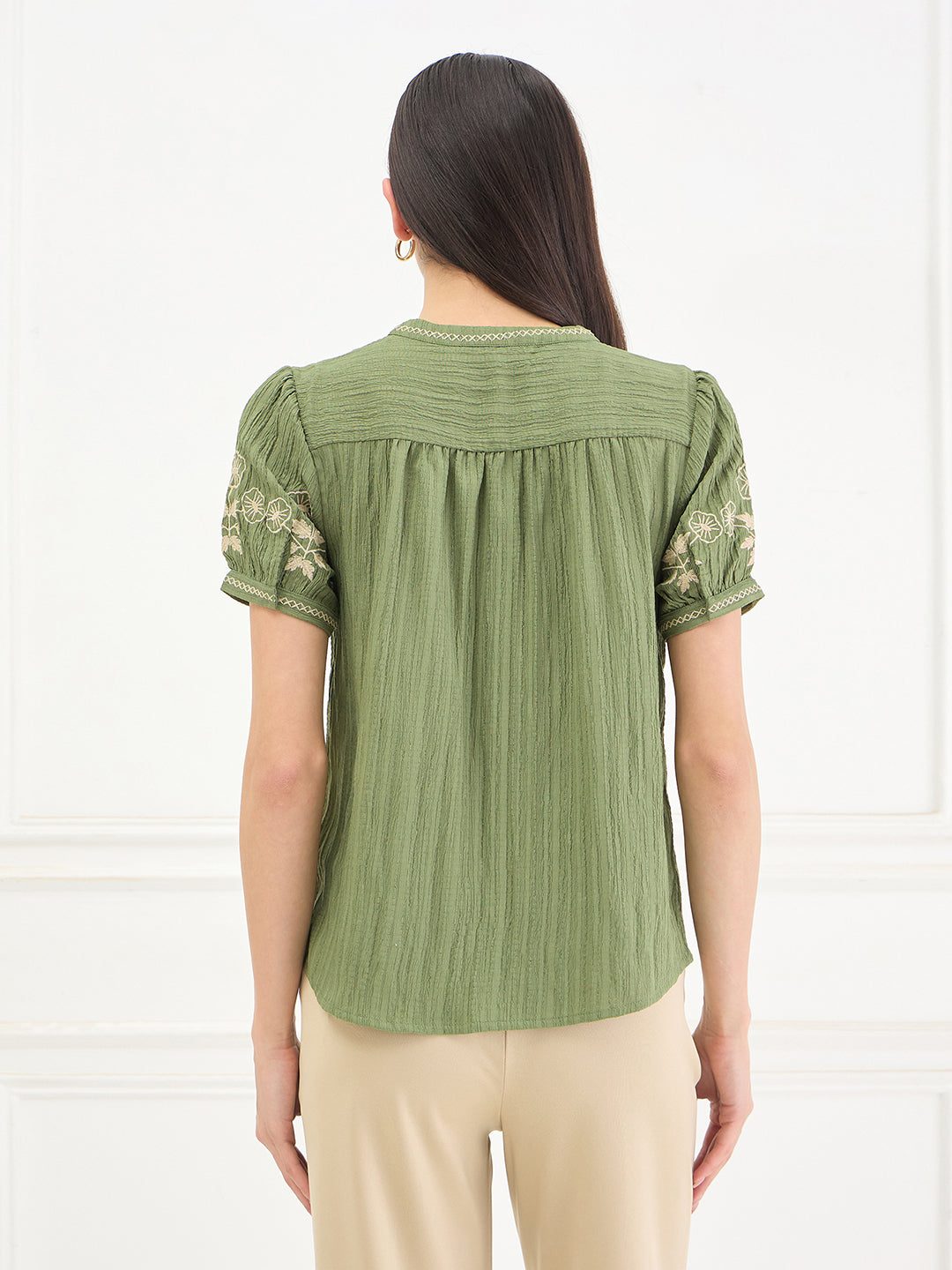 Elle Women GREEN Solid Relaxed Fit Top