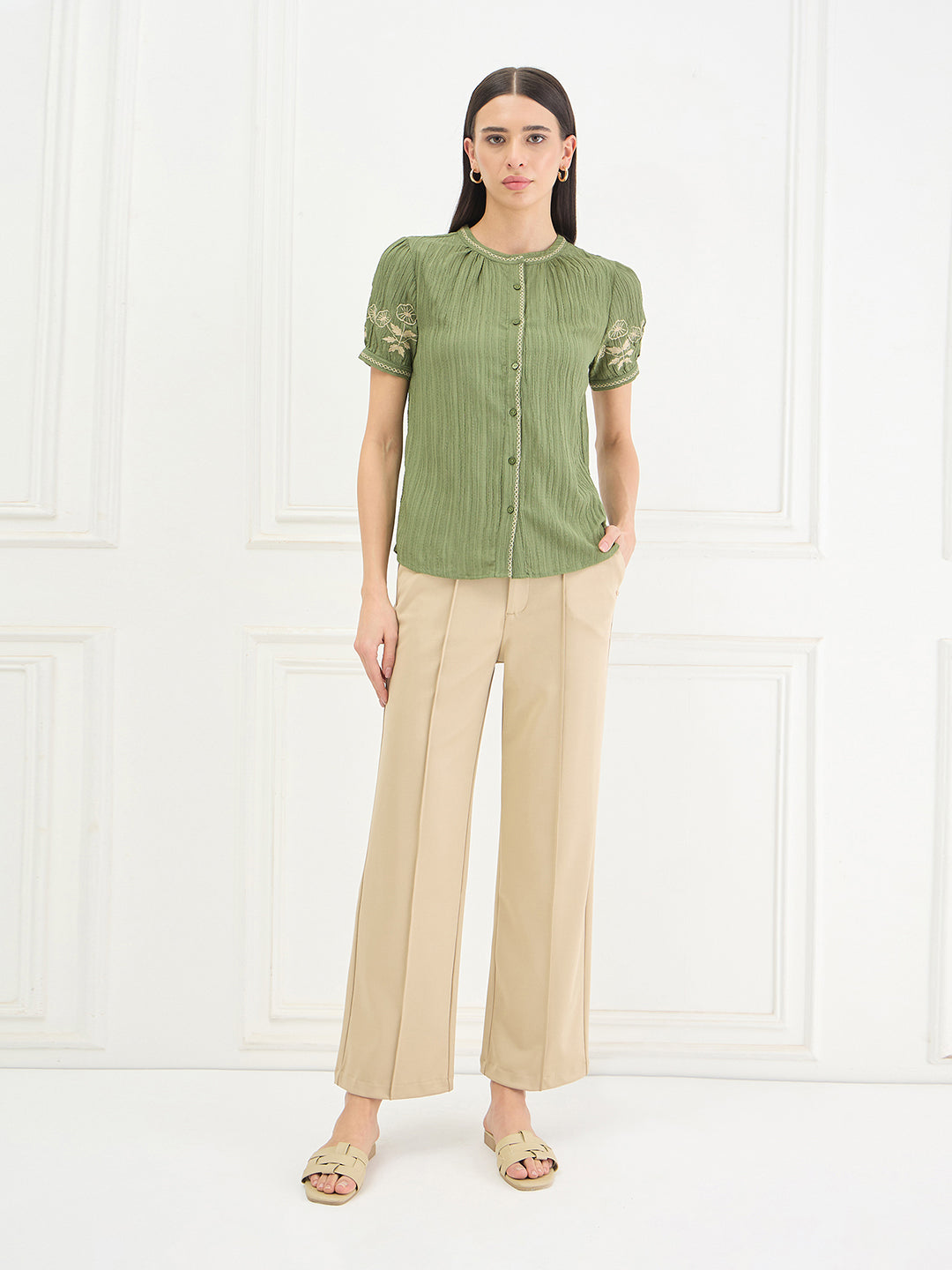 Elle Women GREEN Solid Relaxed Fit Top