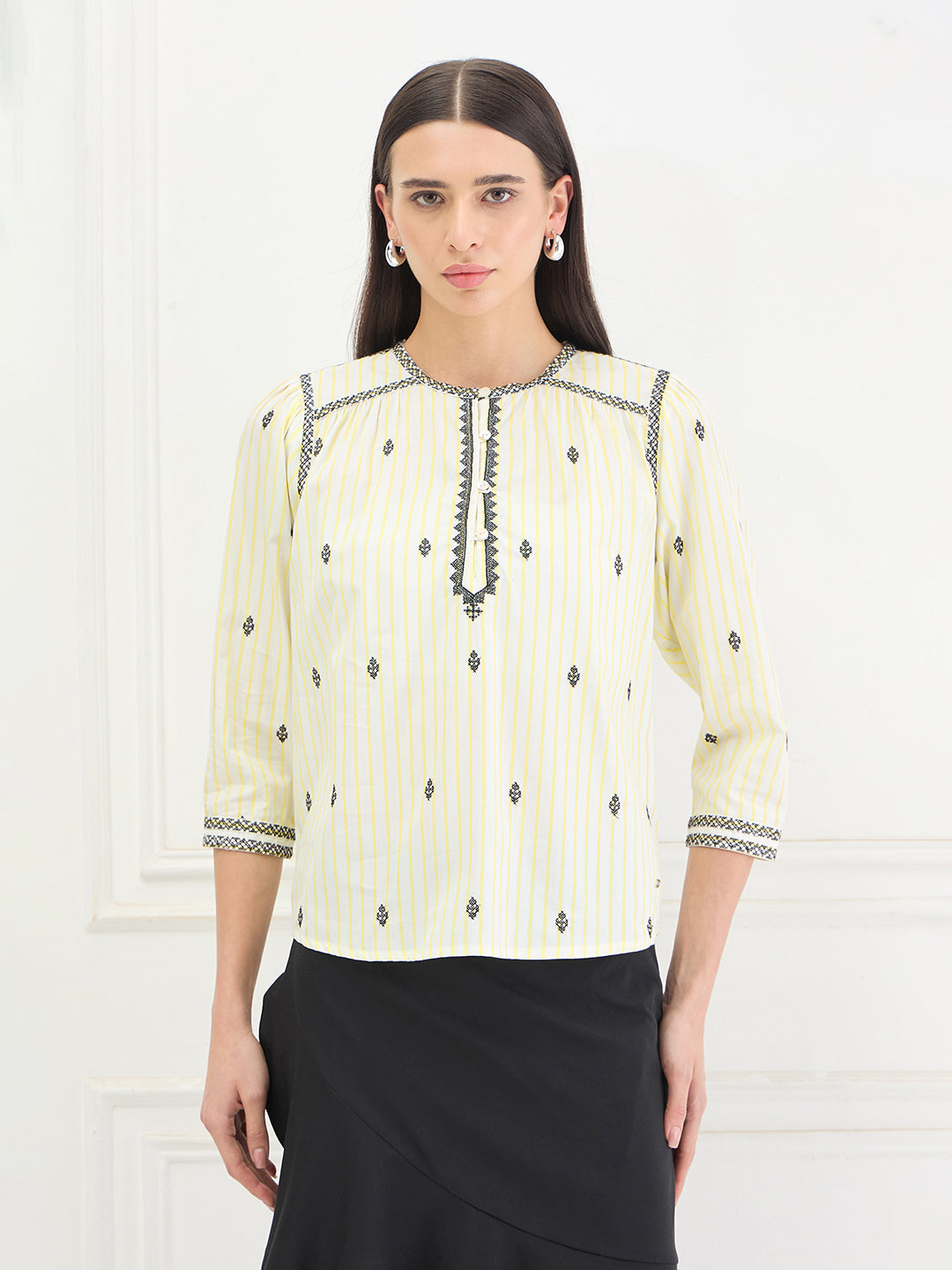Elle Women White Striped Relaxed Fit Top