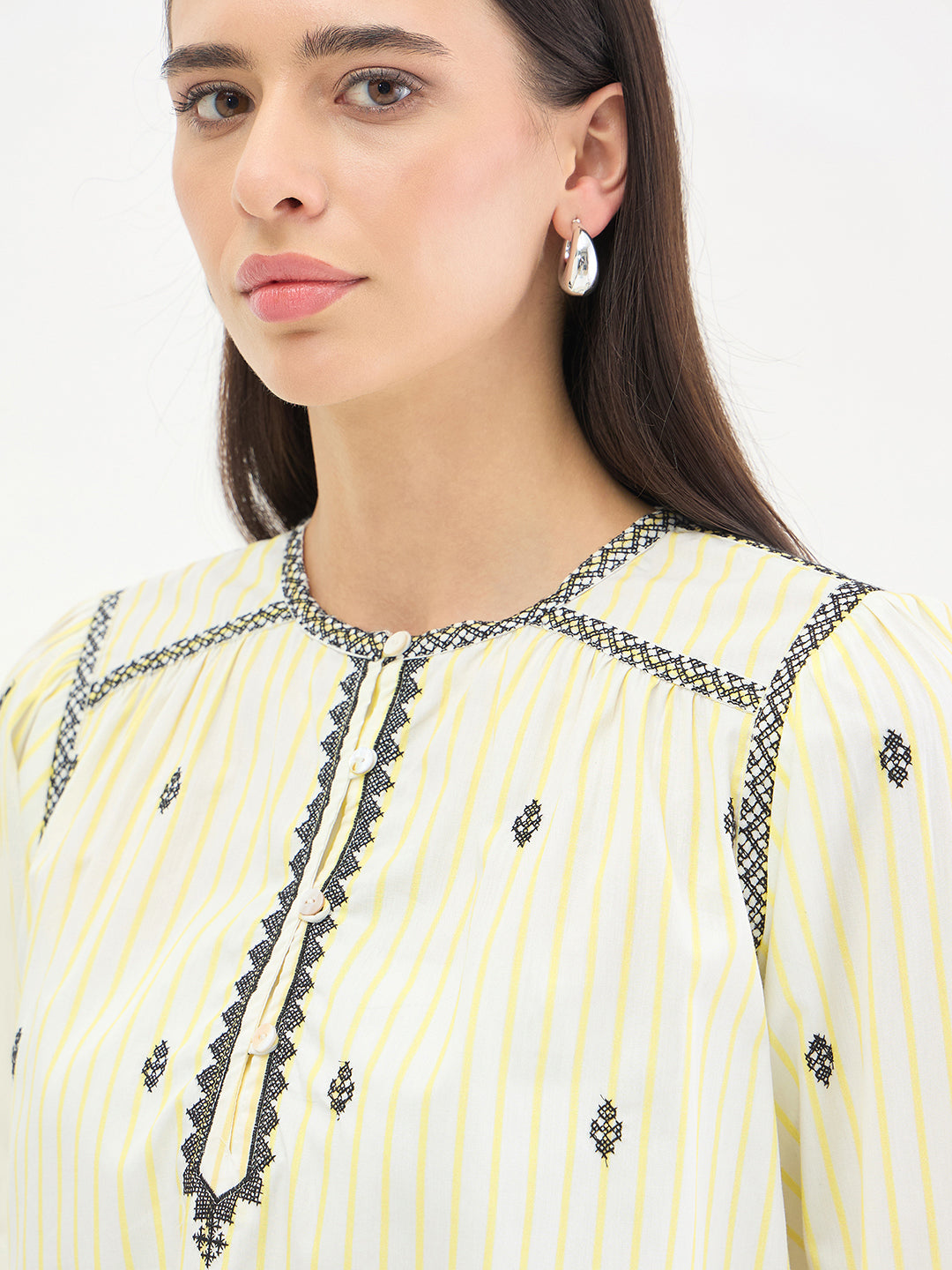 Elle Women White Striped Relaxed Fit Top