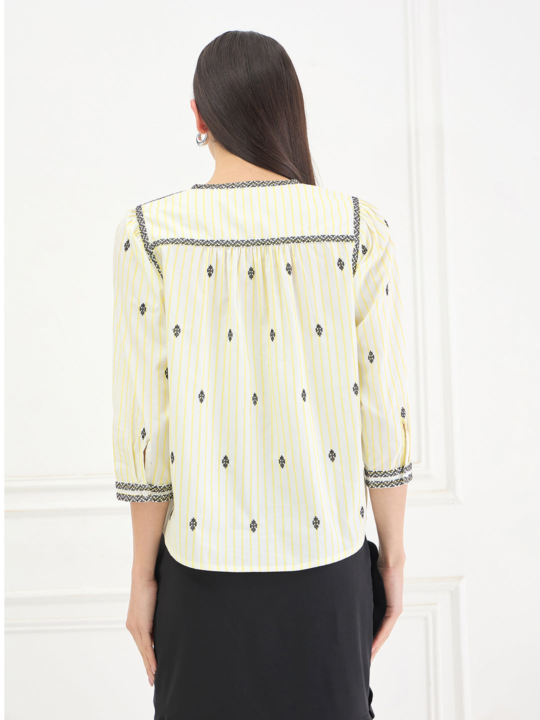 Elle Women White Striped Relaxed Fit Top
