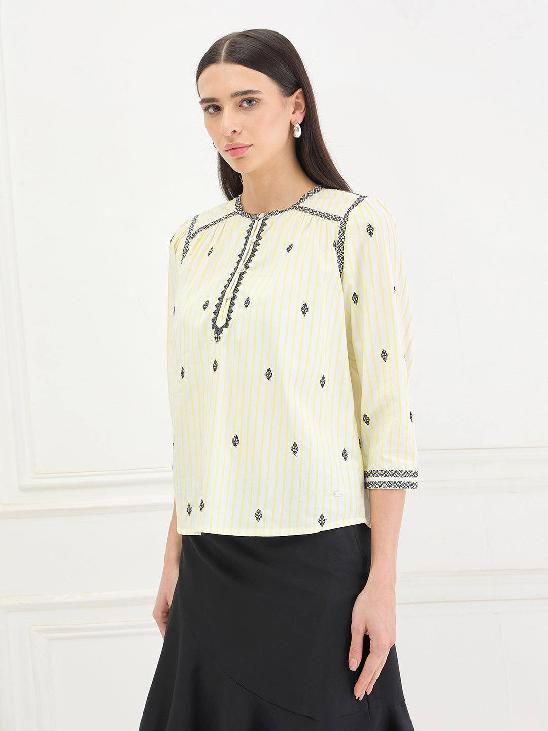 Elle Women White Striped Relaxed Fit Top