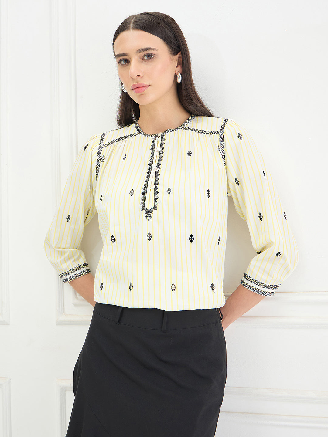 Elle Women White Striped Relaxed Fit Top