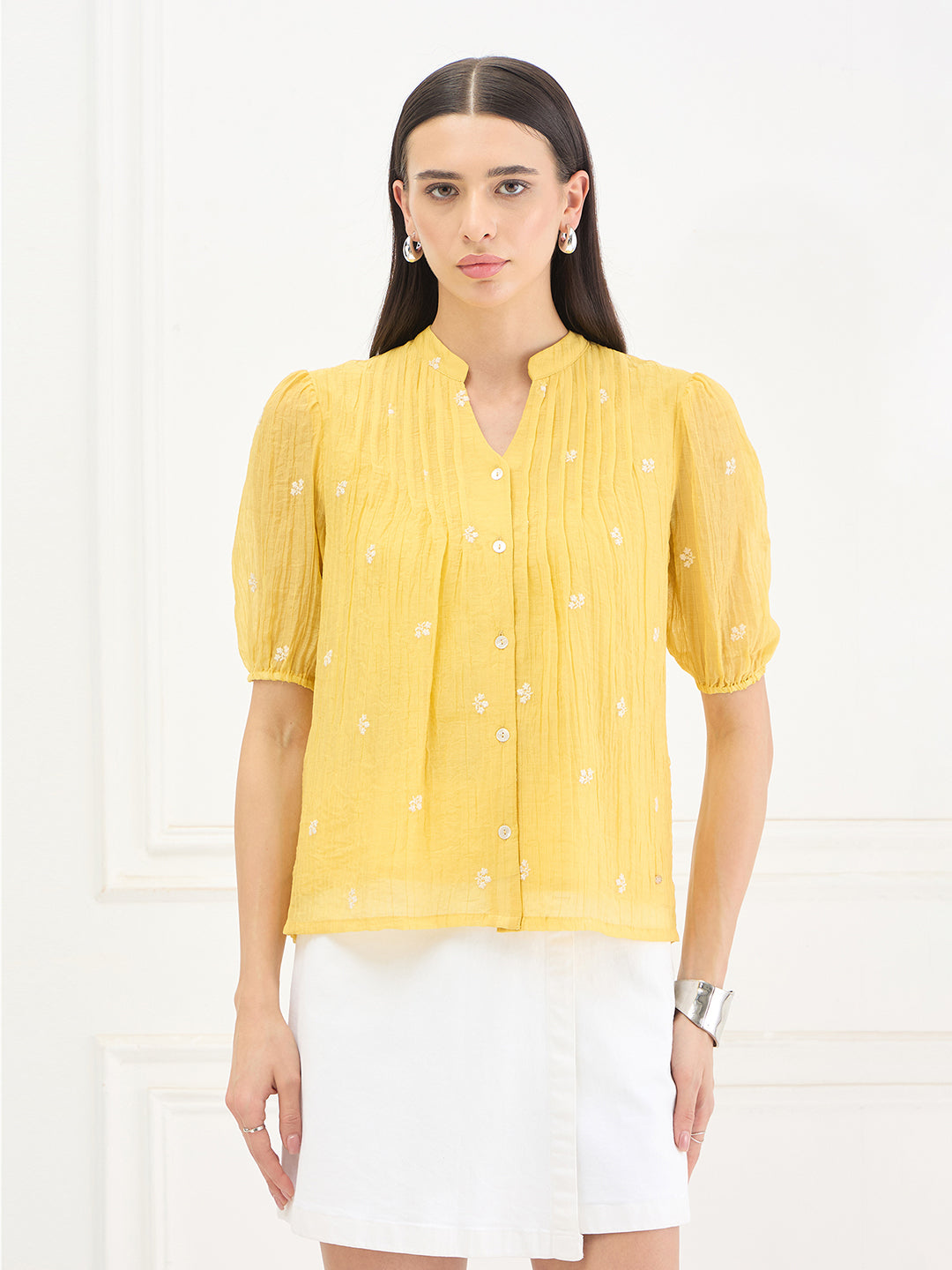 Elle Women Yellow Embroidered Relaxed Fit Top
