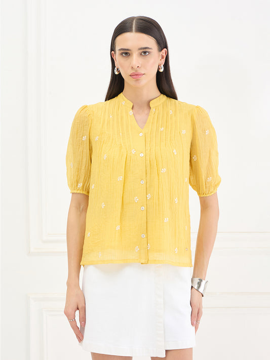 Elle Women Yellow Embroidered Relaxed Fit Top