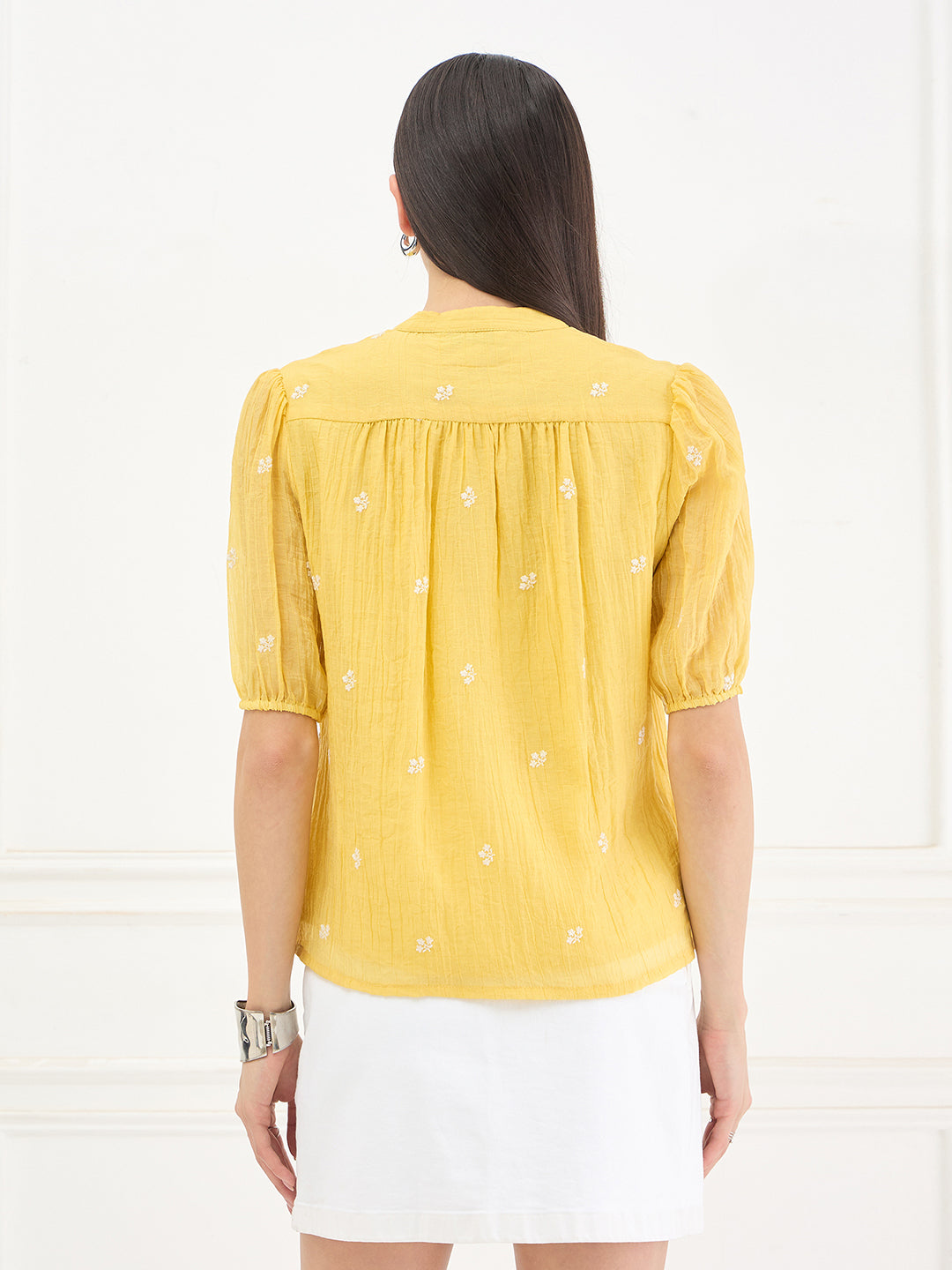 Elle Women Yellow Embroidered Relaxed Fit Top