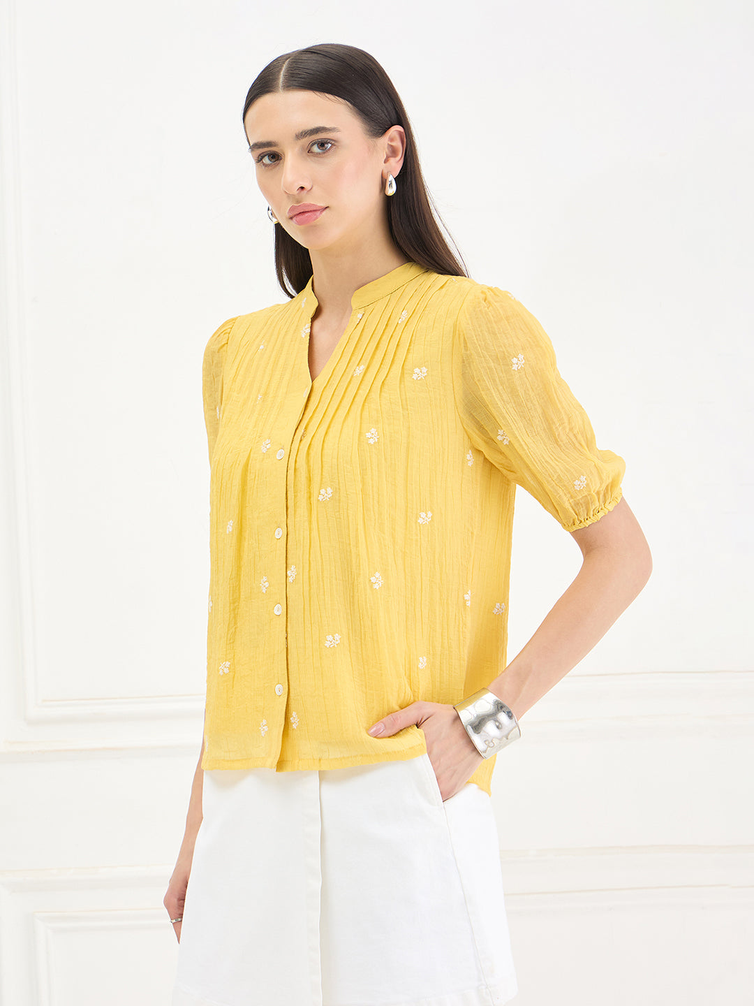 Elle Women Yellow Embroidered Relaxed Fit Top