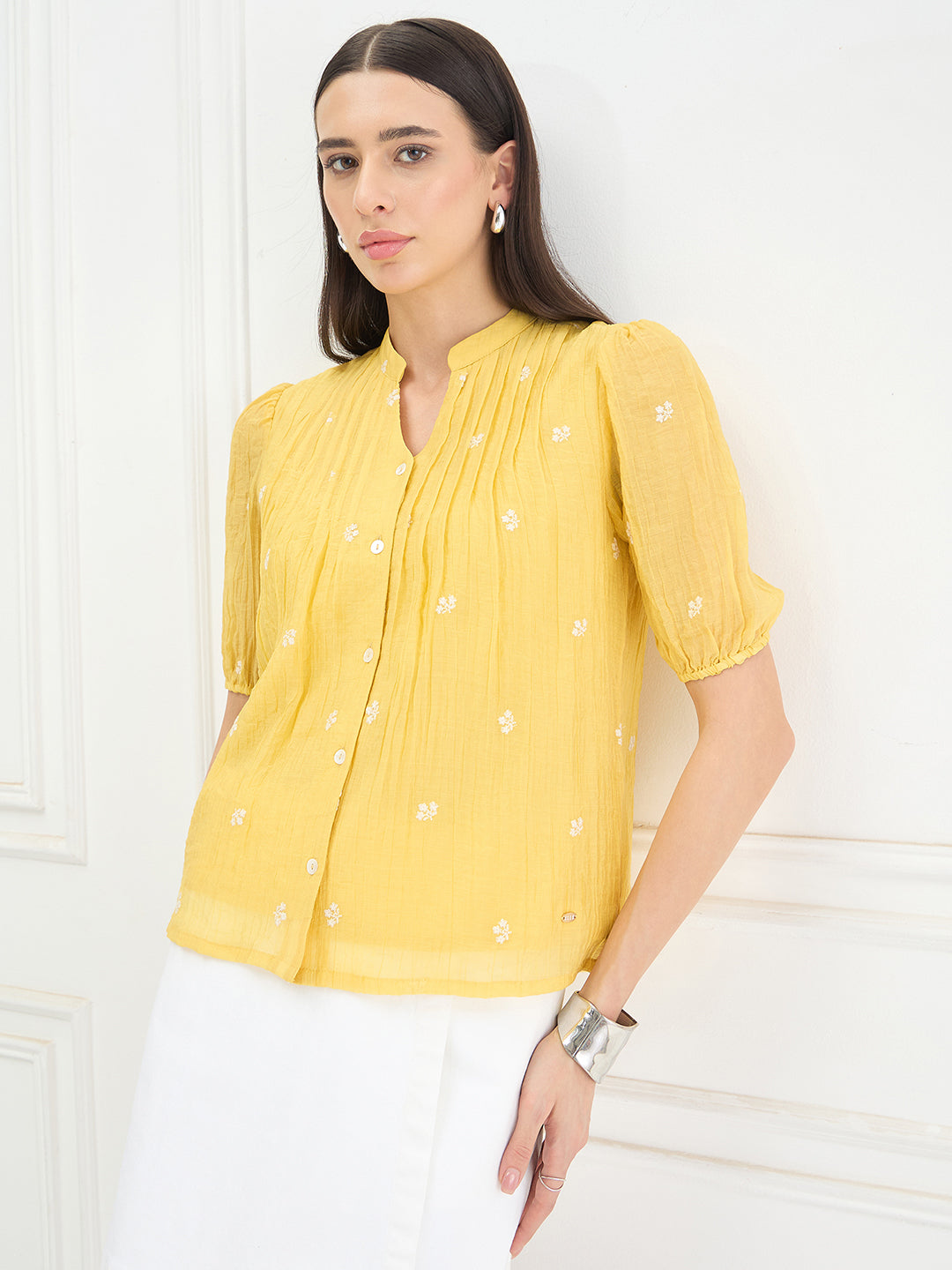 Elle Women Yellow Embroidered Relaxed Fit Top