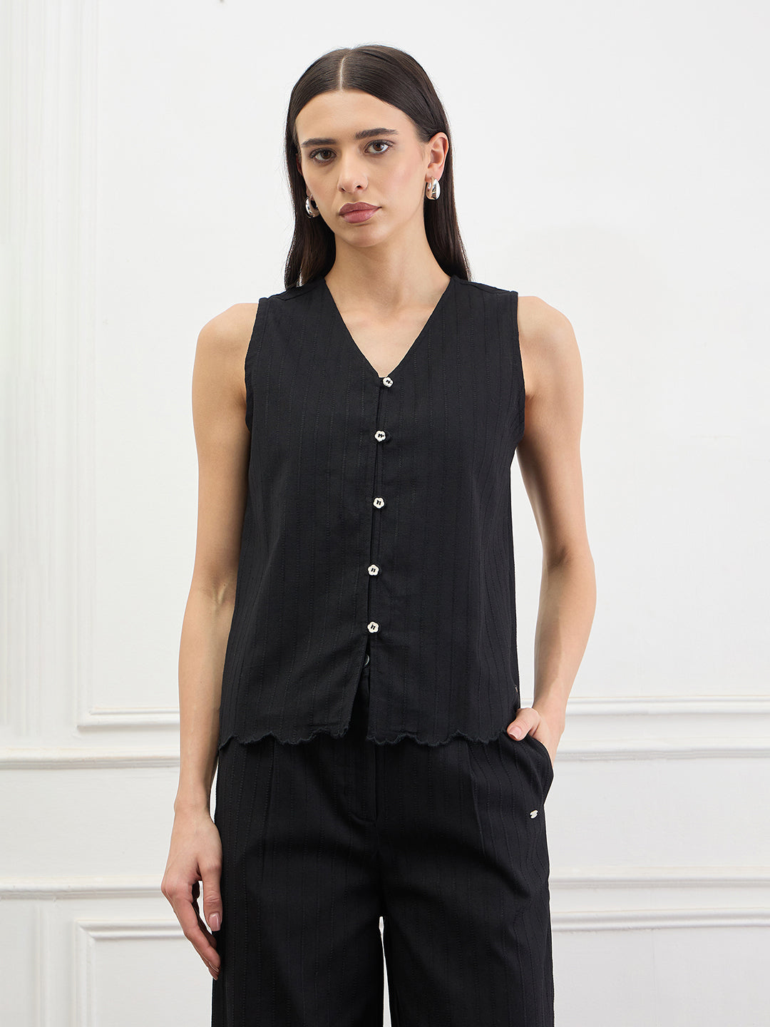 Elle Women Black Solid Straight Fit Pure Cotton Top