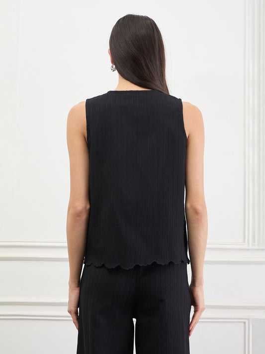 Elle Women Black Solid Straight Fit Pure Cotton Top