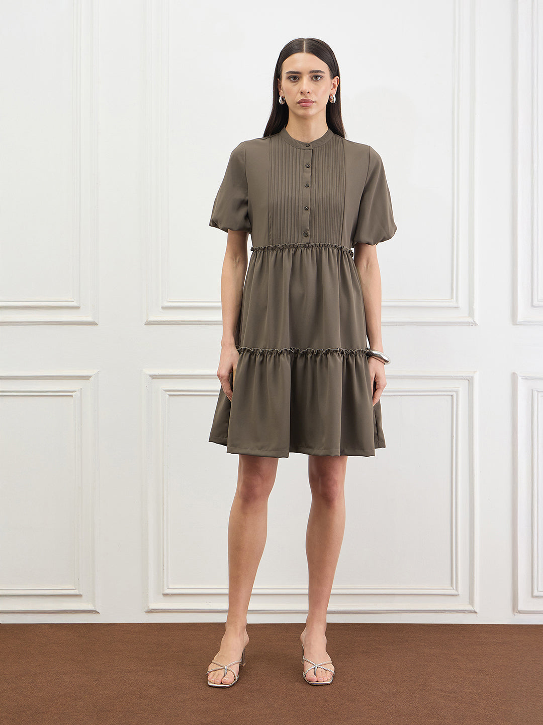 Iconic Women Brown Solid Stretchable Loose Fit Dress