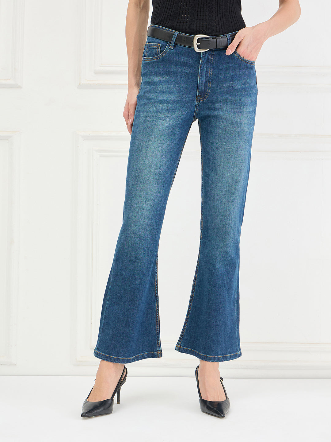 Iconic Blue Solid Stretchable Bootcut Fit Jeans