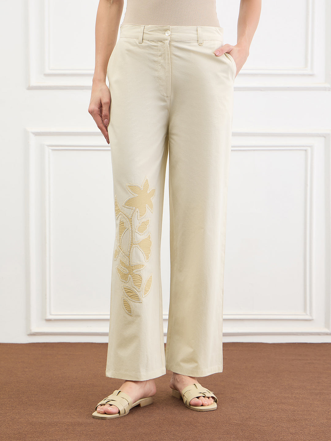 Iconic Women Beige Applique Straight Fit Pure Cotton Trouser
