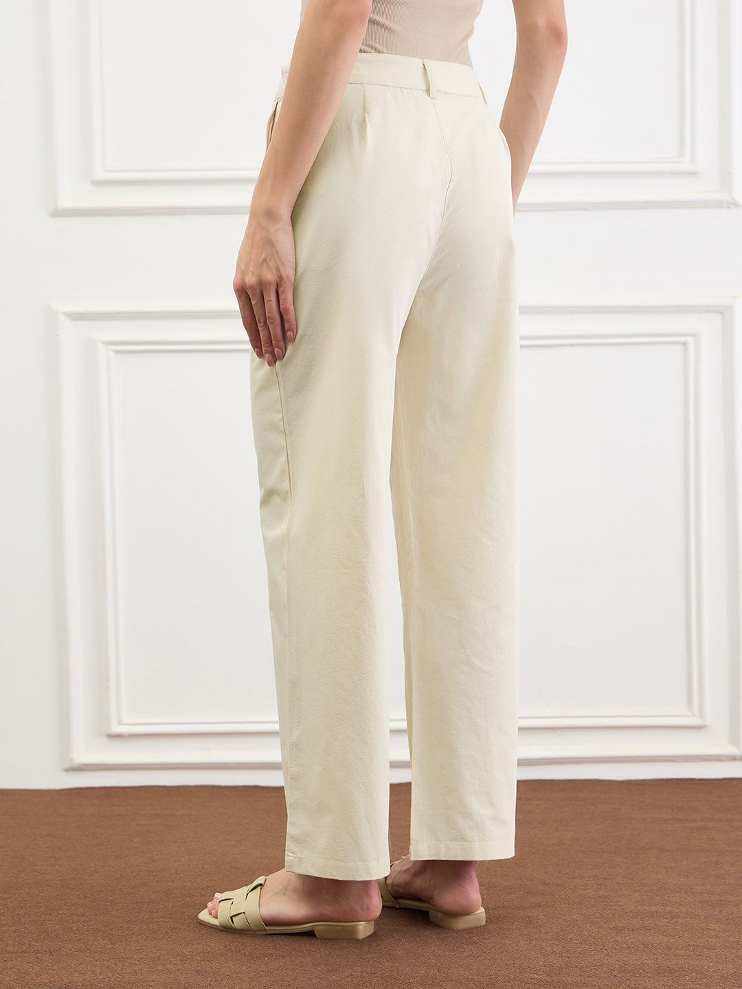 ICONIC Women Cotton Beige Floral Straight Fit Pant