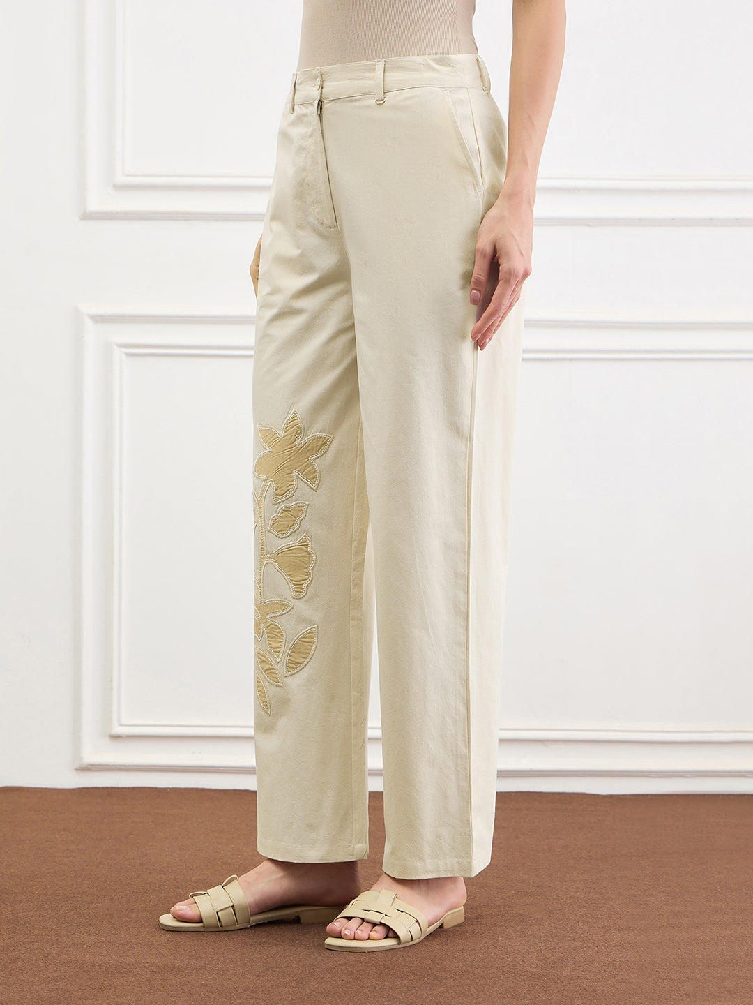 ICONIC Women Cotton Beige Floral Straight Fit Pant