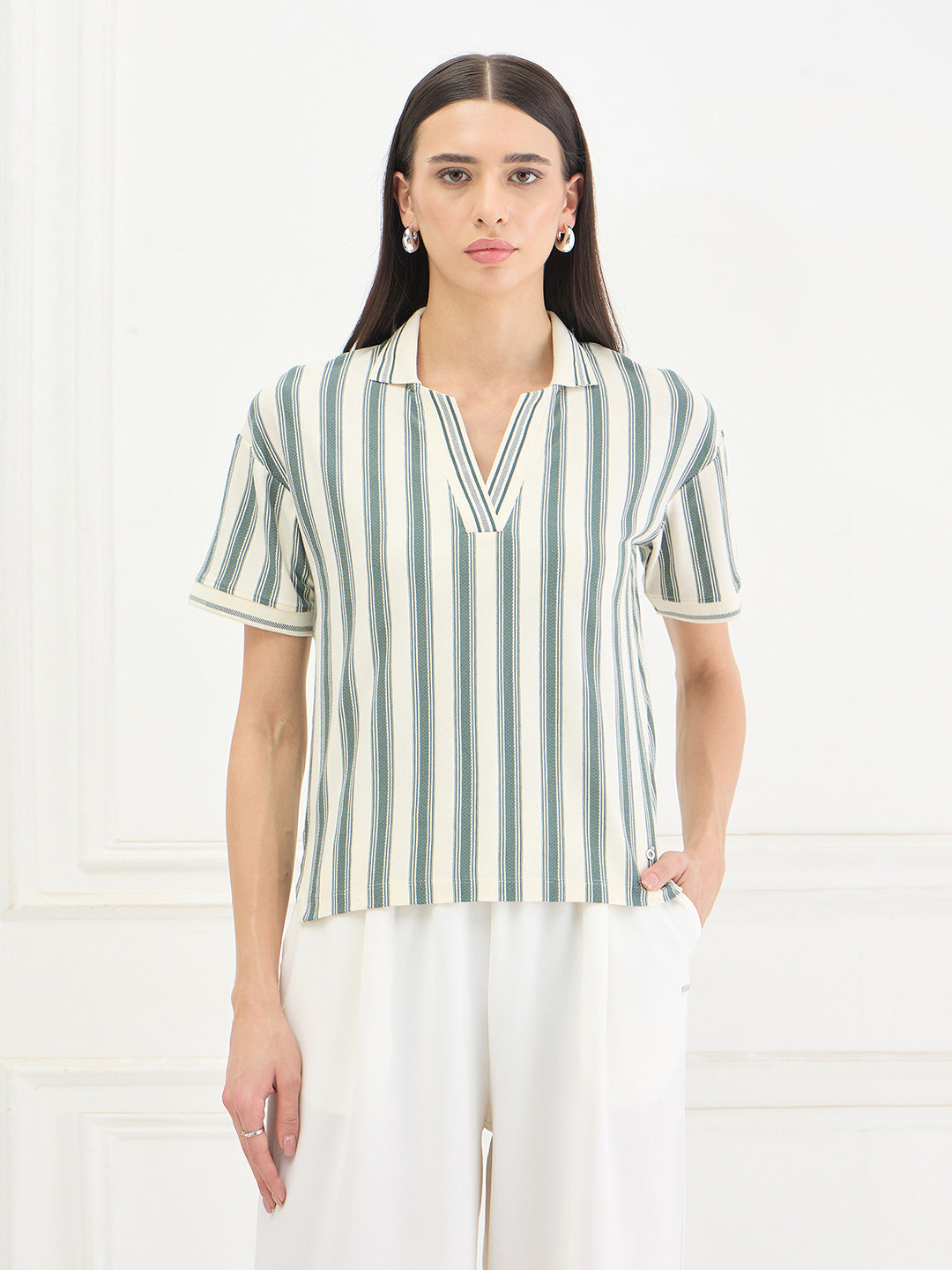 Iconic Women Green Striped Loose Fit Pure Cotton Top