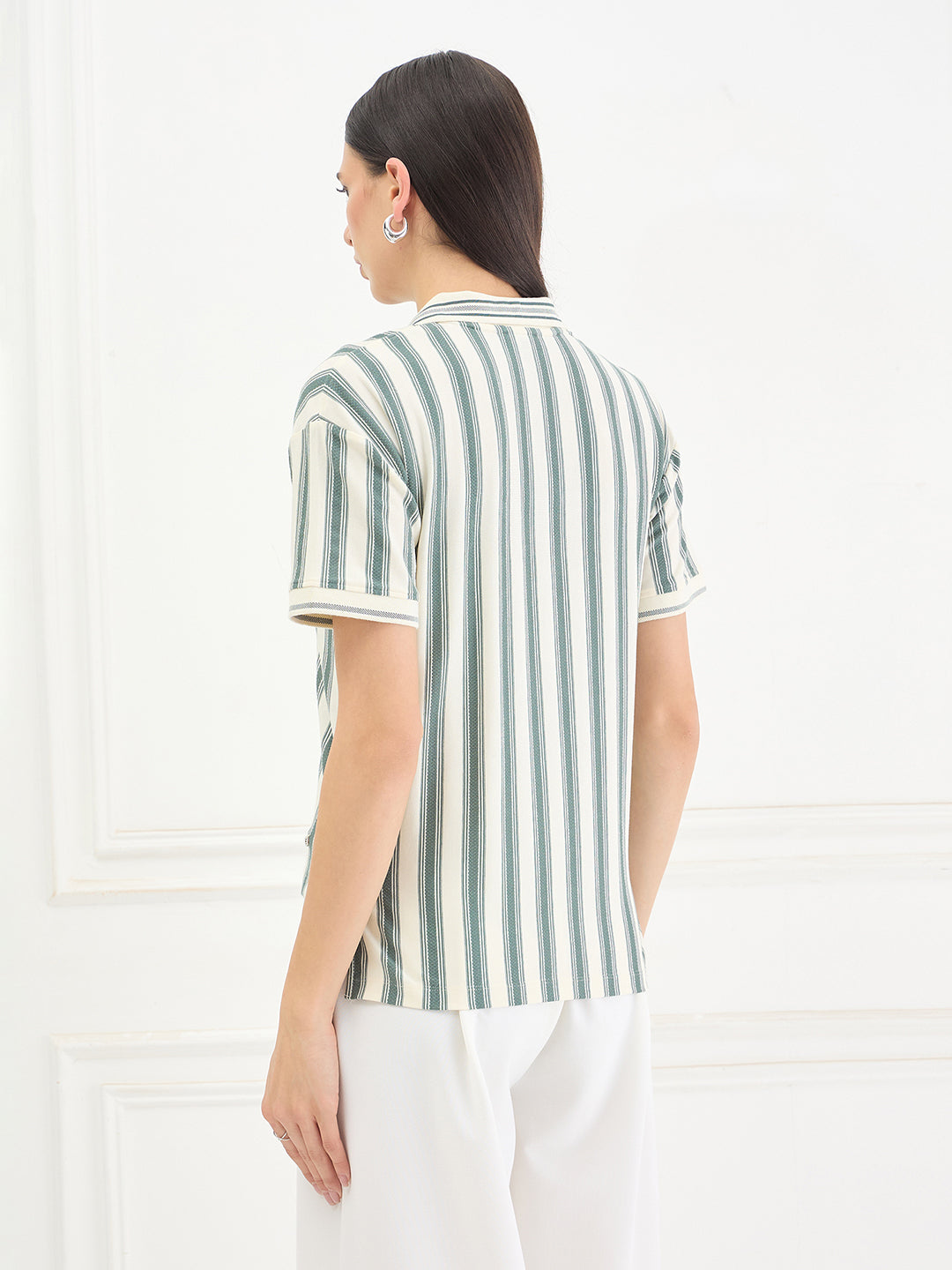 ICONIC Women Cotton Green Striped Top