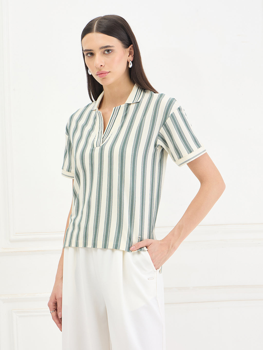 ICONIC Women Cotton Green Striped Top