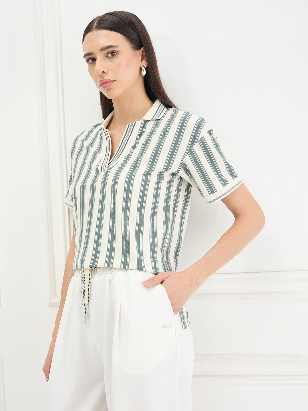 ICONIC Women Cotton Green Striped Top