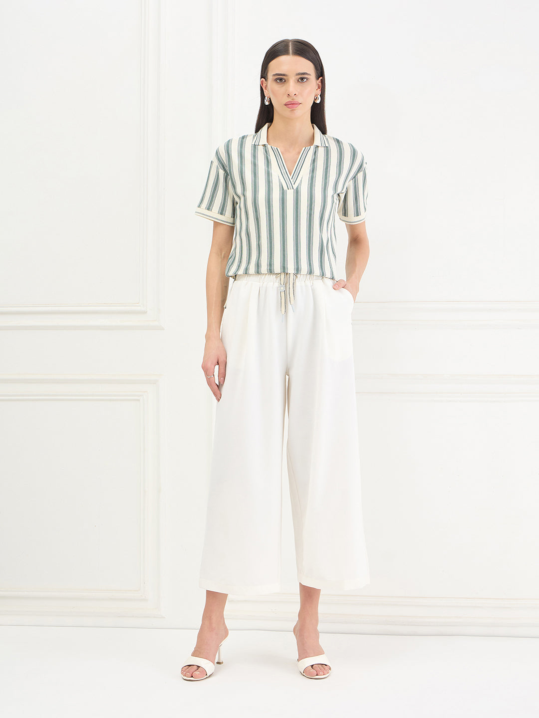 ICONIC Women Cotton Green Striped Top