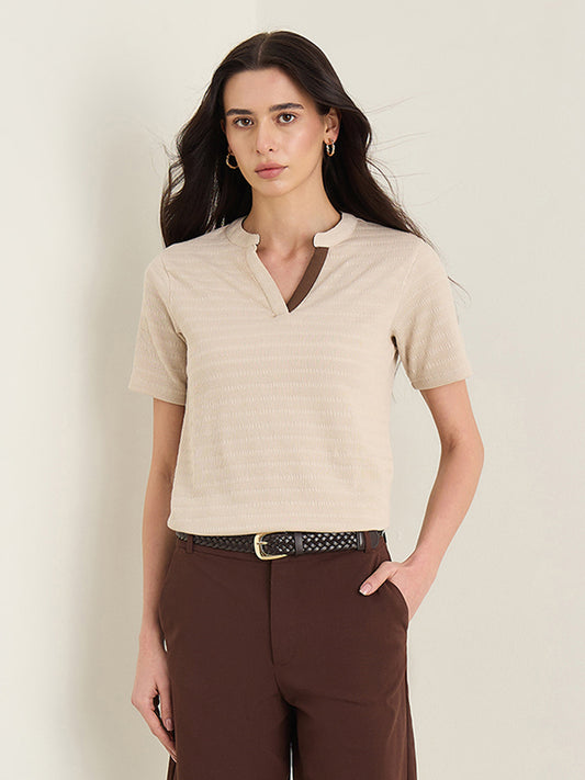 Iconic Women Beige Textured Regular Fit T-Shirt