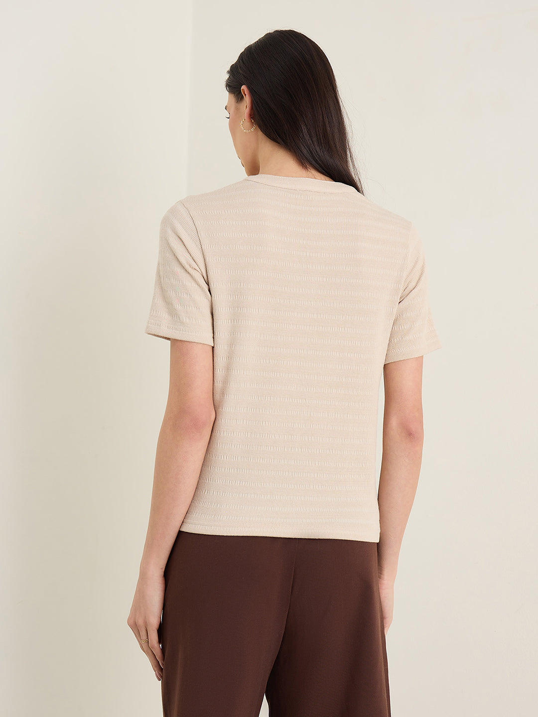 Iconic Women Beige Textured Regular Fit T-Shirt