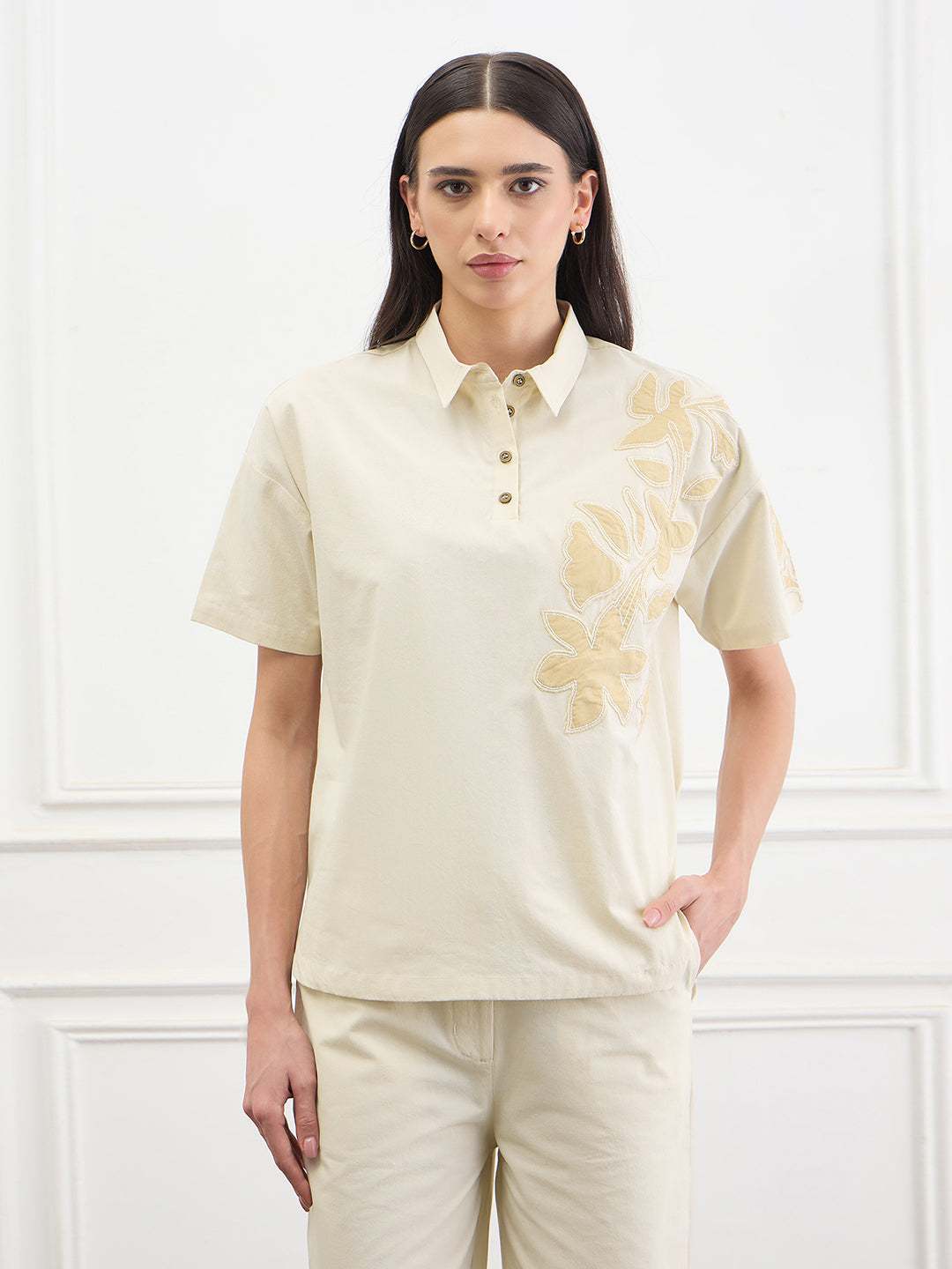 Iconic Women Beige Applique Loose Fit Pure Cotton Top