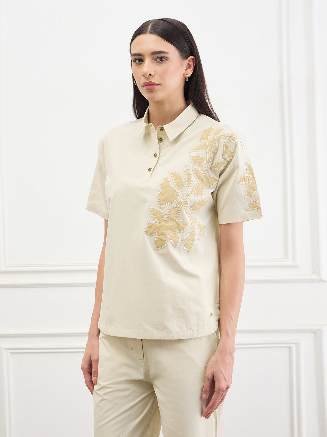 ICONIC Women Cotton Beige Floral Top