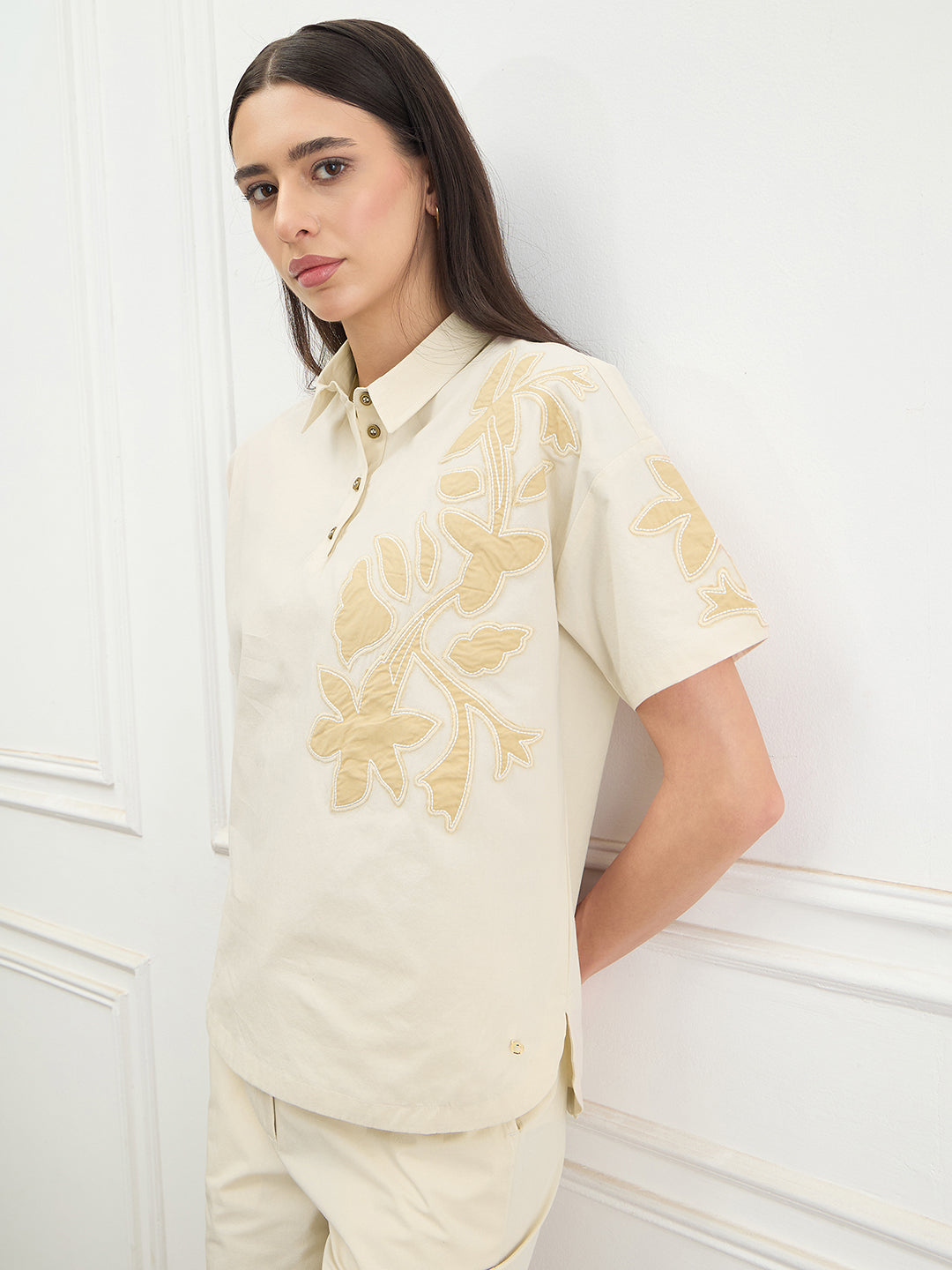 ICONIC Women Cotton Beige Floral Top