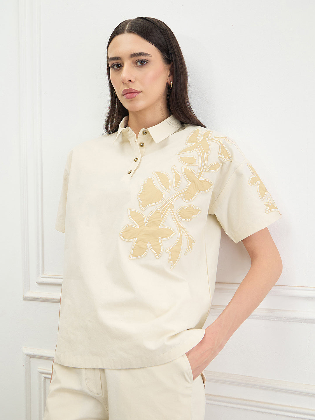 Shop Iconic Women Beige Applique Loose Fit Pure Cotton Top Online ...