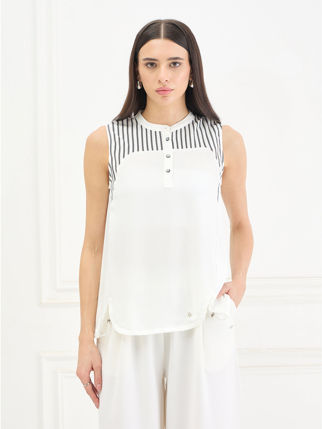 Iconic Women White Striped Loose Fit Top