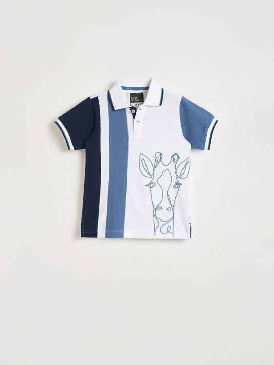 Blue Giraffe Boys White Printed Regular Fit Pure Cotton Polo T-Shirt