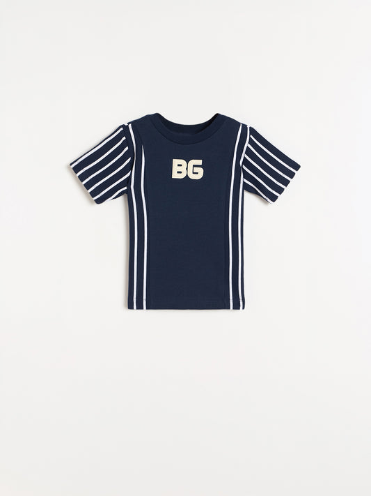 Blue Giraffe Boys Navy Blue Striped Regular Fit T-Shirt