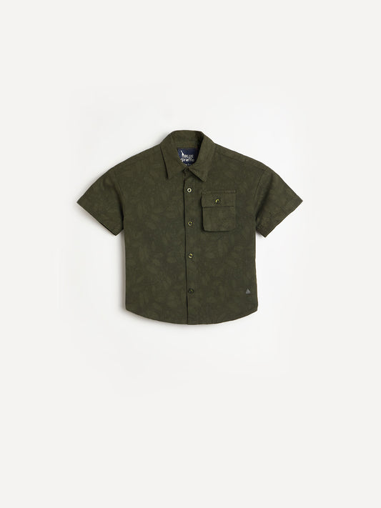 Blue Giraffe Boys Green Printed Regular Fit Pure Cotton Shirt