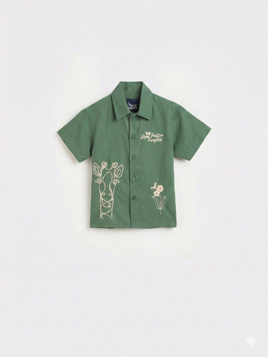 Blue Giraffe Boys Green Woven Design Shirt