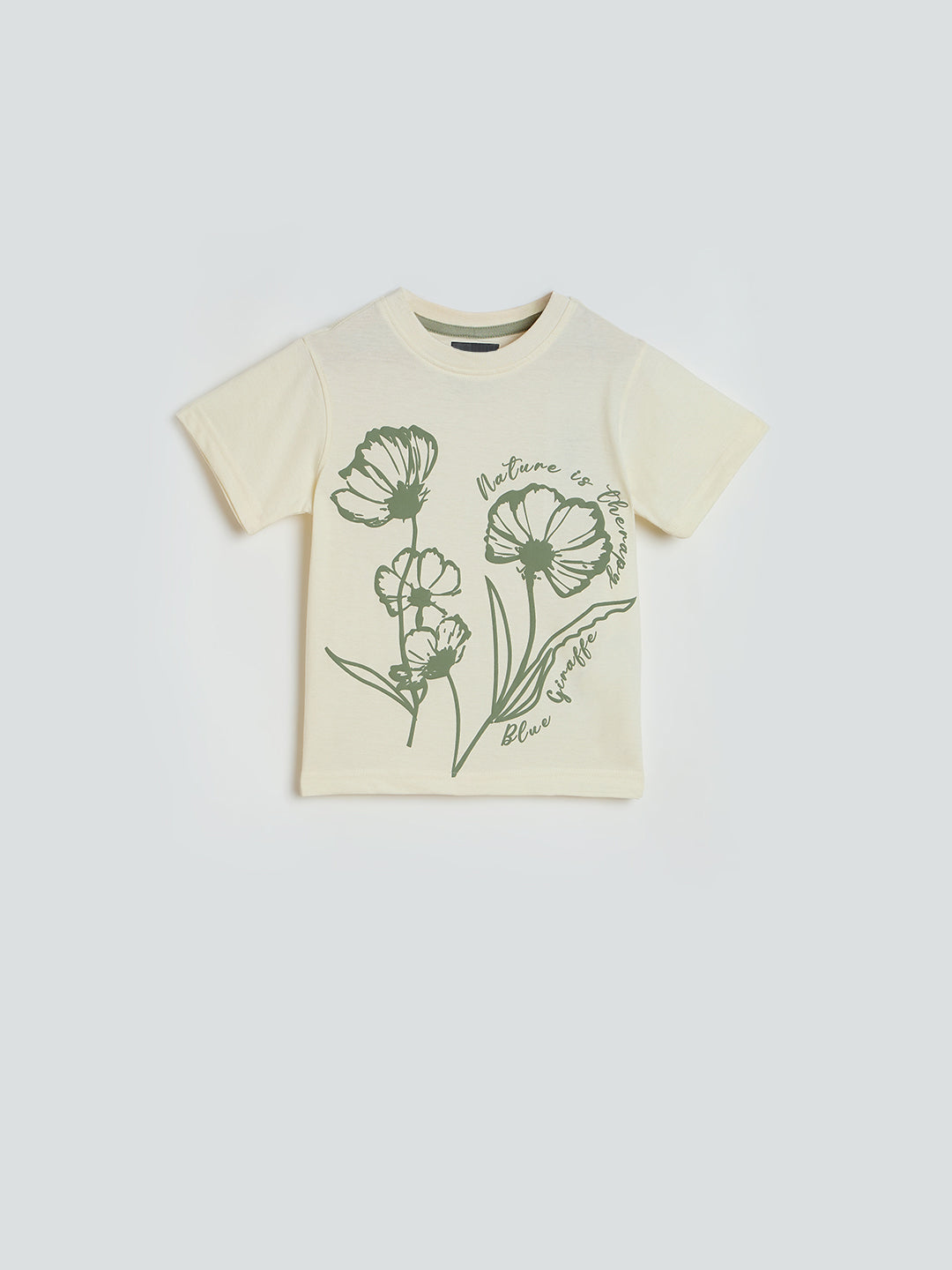 Blue Giraffe Boys Cream Printed Boxy Fit Pure Cotton T-Shirt