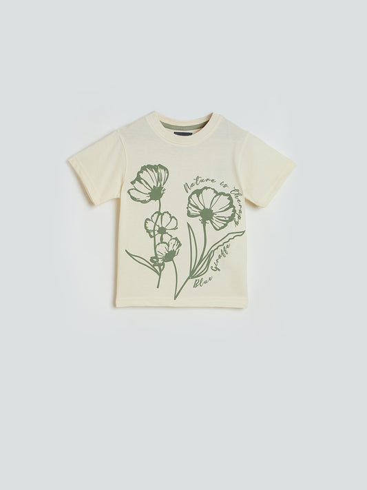 Blue Giraffe Boys Cream Printed Boxy Fit Pure Cotton T-Shirt